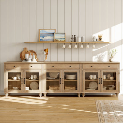 Buffet Corretta avec bar intégré, buffet de style campagnard de 259 cm (102 po) pour salle à manger, meuble de cuisine moderne, grand meuble de rangement avec portes vitrées et tiroir en bois, blanc
