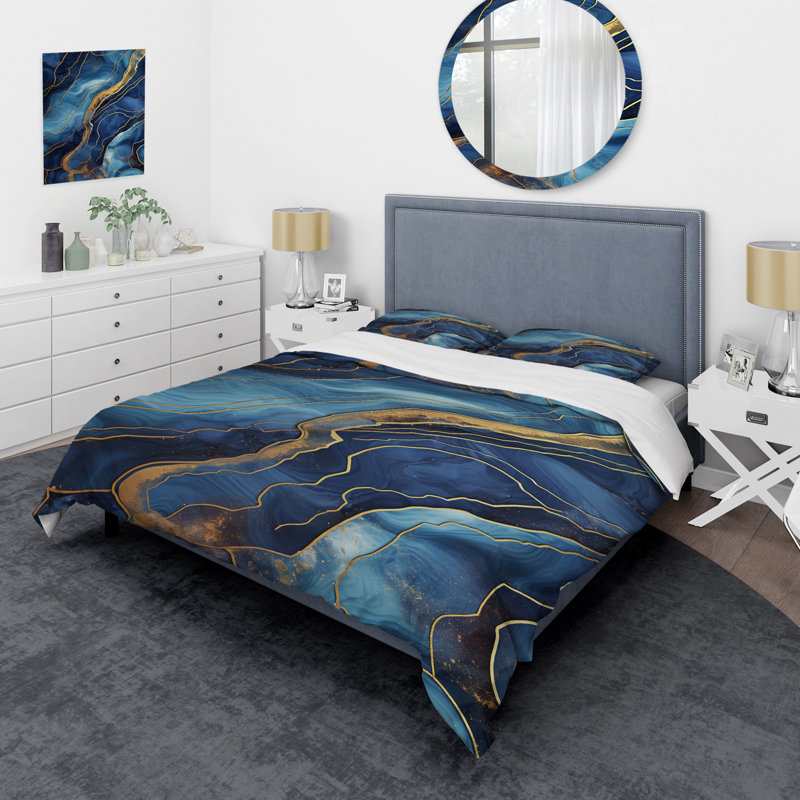 Ensemble de housse de couette en marbre bleu et doré, Housse de couette pour grand lit