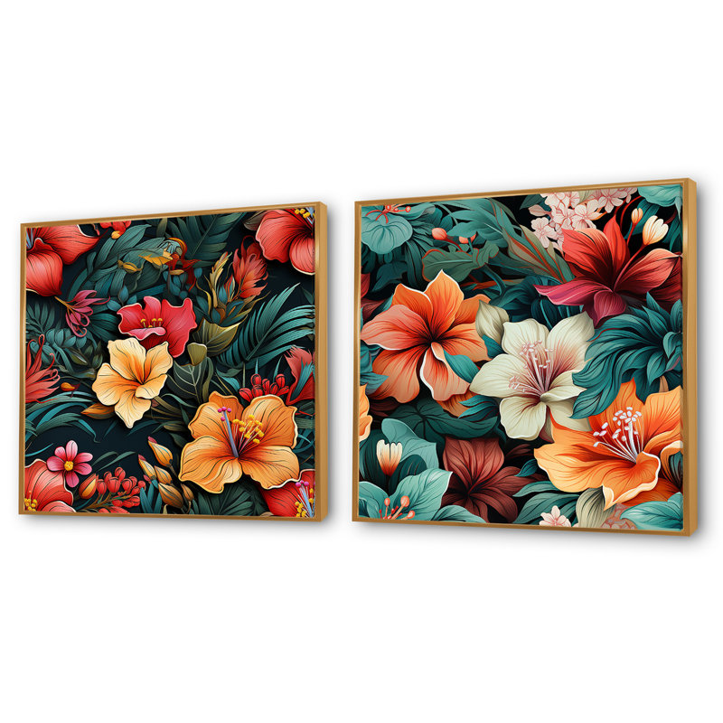 Ensemble de 2 motifs tropicaux à motif tropical - collage floral carré, H 16 po x l 33 po, Cadre flottant doré