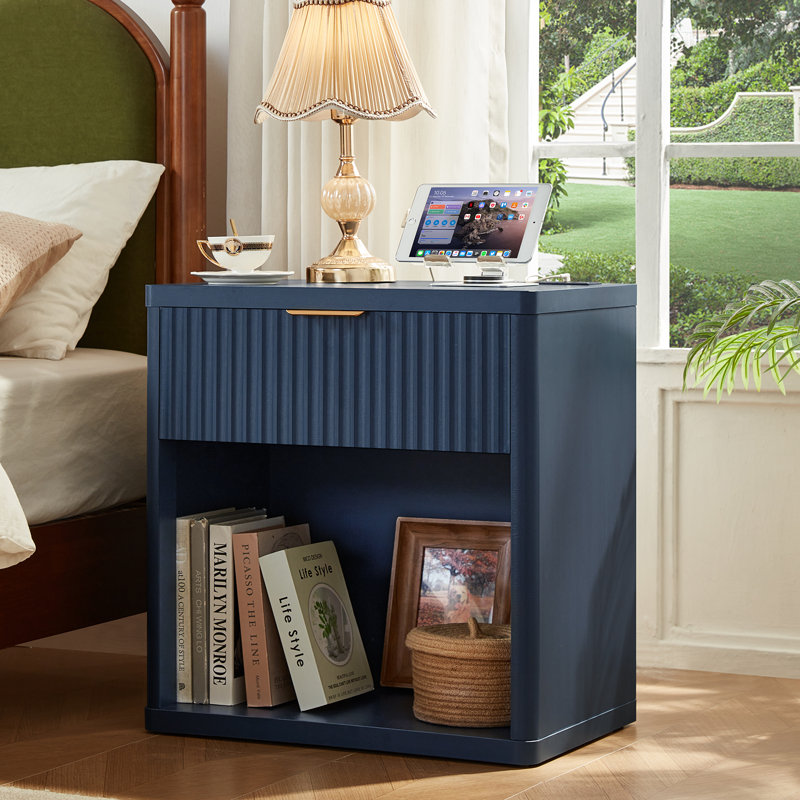 Fluted Nightstand With Charging Station, 23" Wide 1 Drawers Night Stand,End Table With Open Storage,Farmhouse Bed Side Tables, Wood Dresser For Bedroom, Living Room, Closet