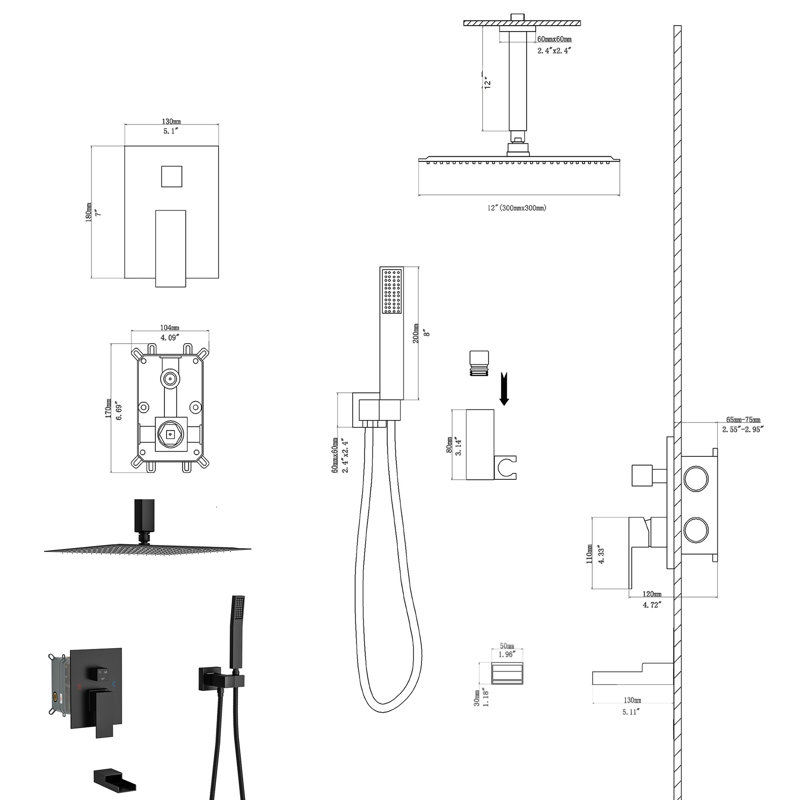 Douche de plafond de 12 pouces de style noir mat - bec de baignoire en cascade, pomme de douche carrée, douche à main, valve, installation simple et nettoyage facile