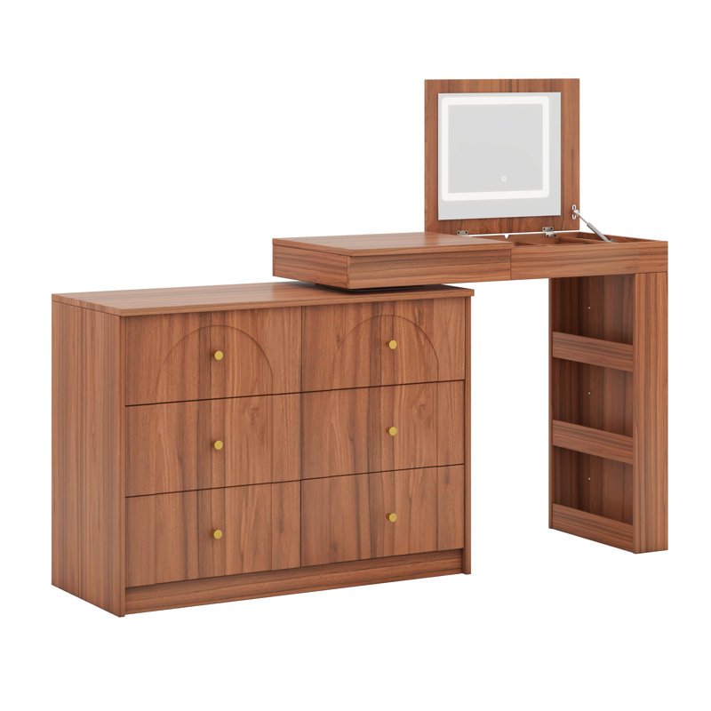 Vanity Desk With Mirror And Lights, Makeup Vanity Table With Flip-Top Tabletop And Drawers,Shelves, Walnut