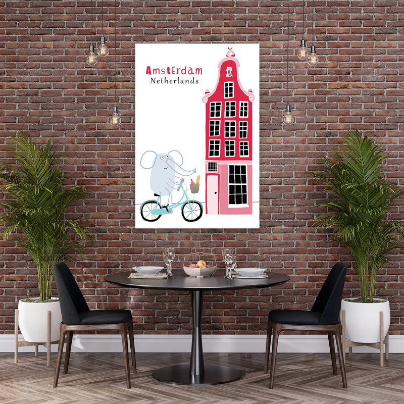 Éléphant à vélo Amsterdam Art mural abstrait et fantaisiste contemporain représentant un éléphant et représentant l'architecture urbaine
