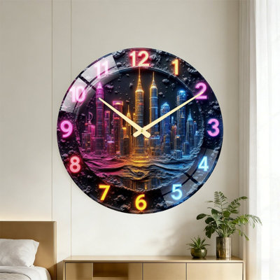 Horloge murale au design néon coloré représentant une ville - Horloge murale moderne en verre de 61 cm (24 po)
