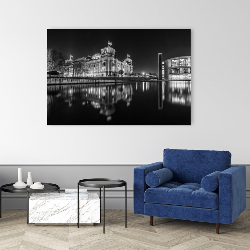 Reichstag, nuit, réflexion, art abstrait moderne, impression d'art mural de la ville, H 40 po x l 60 po