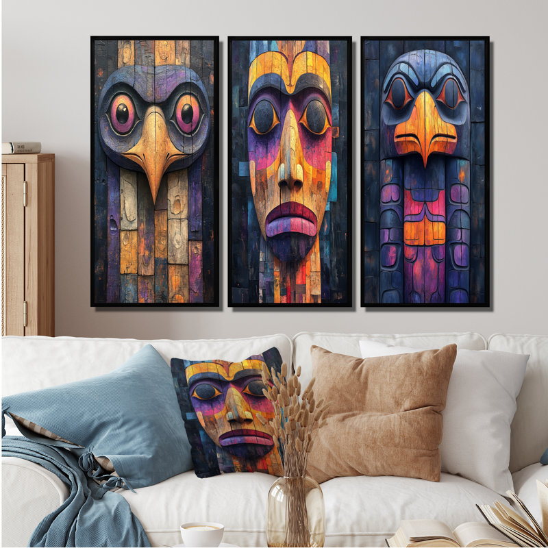 Ravens Call Totem I - Native American Art Totem Wall Art Collection, H 28 po x l 36 po, Impression encadrée flottante, Noir