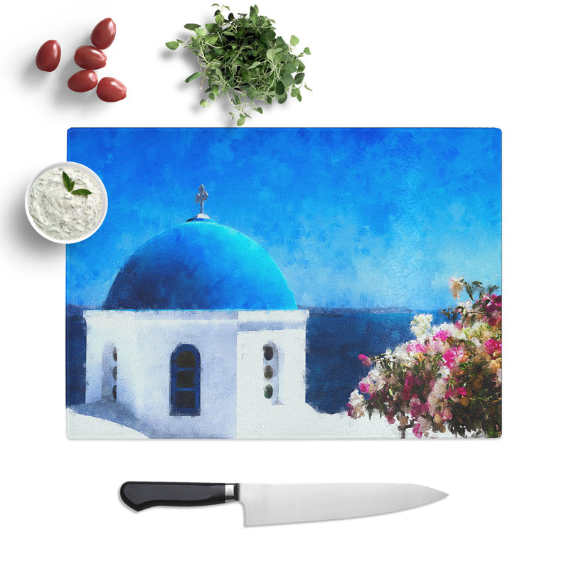 Tempered Glass Santorini Blue Domed Church Chopping Board, 28.5 cm x 39 cm