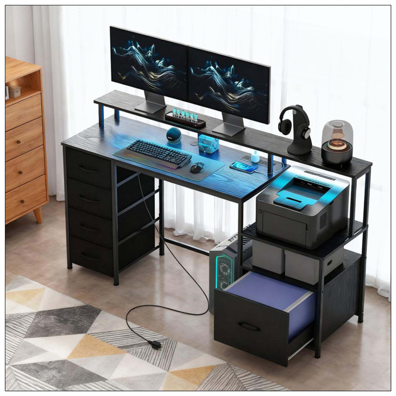 Computer Desk With File Cabinet And Drawers For Home And Office | Gift Idea, Distressed Black