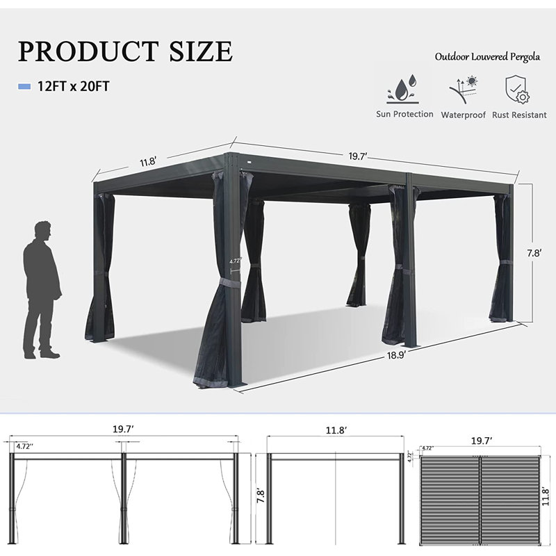 Pergola Gazebo with Louvered Roof, Gray, 20 ft x 12 ft