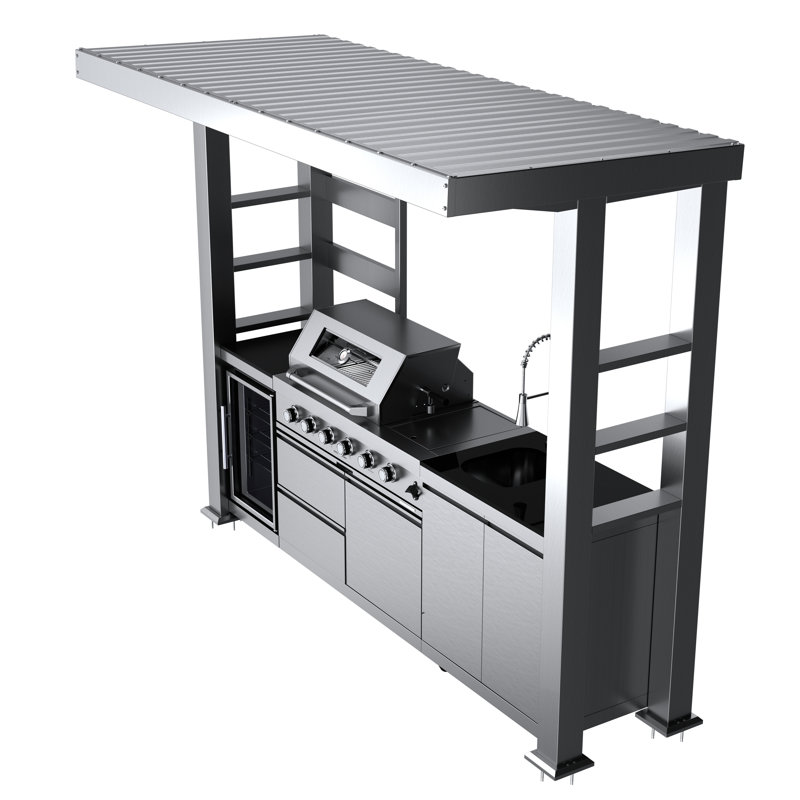 Îlot de barbecue à gaz 110 pouces à 4 brûleurs et 72 000 BTU de luxe en acier inoxydable pour l'extérieur, Acier Inoxydable