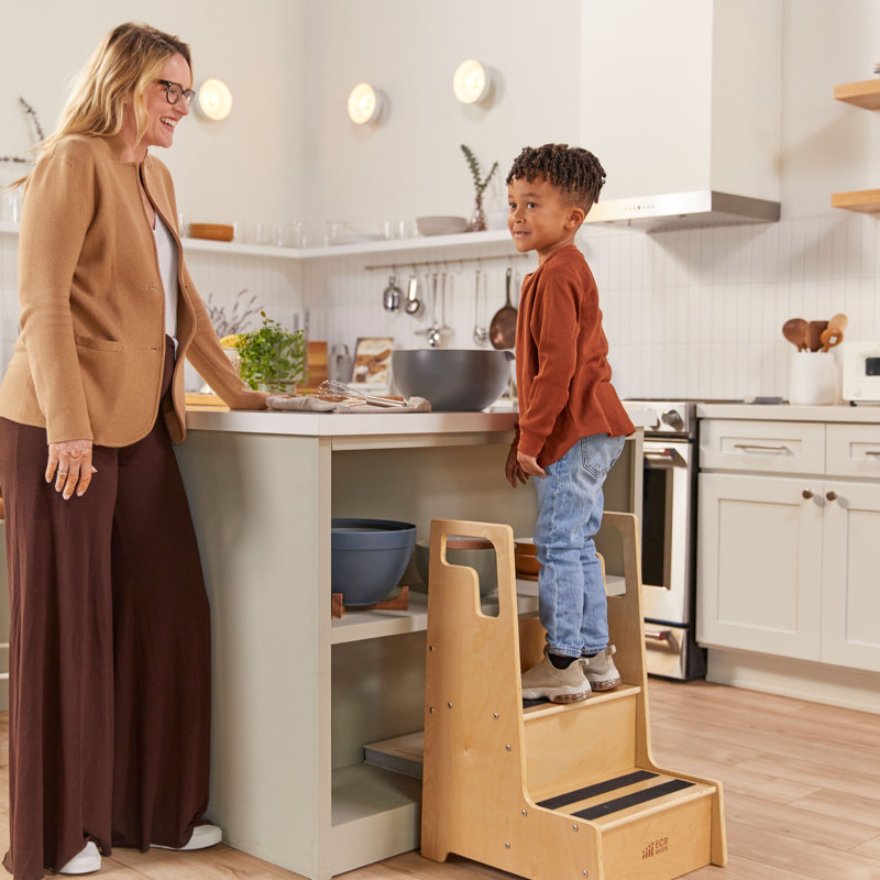 Natural Birch 2-Step Wooden Kids Step Stool with Handles
