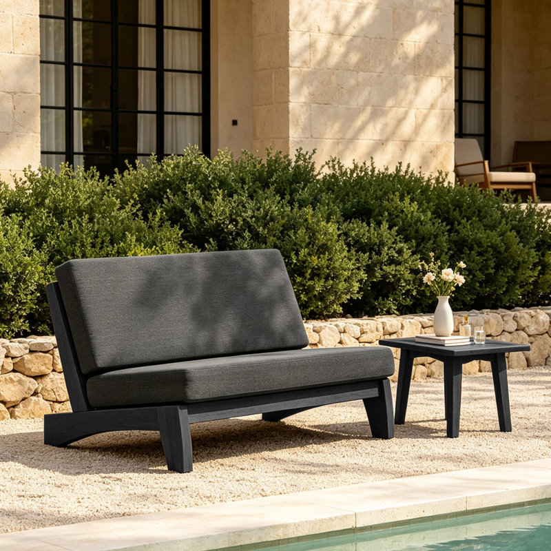 Polett Outdoor Conversation Set Solid Wood Group With Loveseat And Side Table, Dark Gray, Black