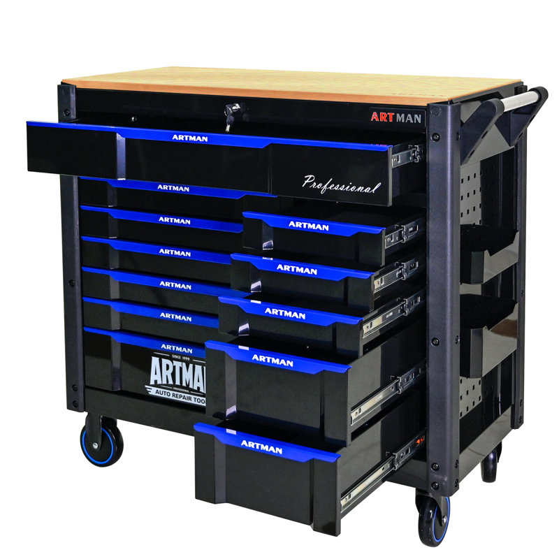 Caisse à outils polyvalente à 12 tiroirs avec roulettes et comptoirs en bois