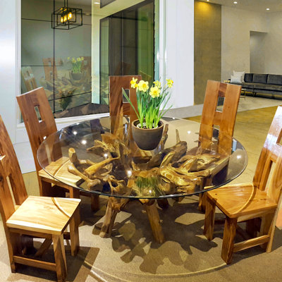 Glass Top Solid Wood Base Dining Table