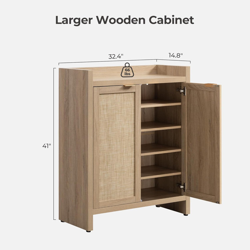 Large Capacity 6-Tier Shoe Cabinet Set Of 2, Farmhouse Rattan Shoe Storage Organizer With Adjustable Shelves And Doors, Entryway Hallway Wooden Storage Cabinet