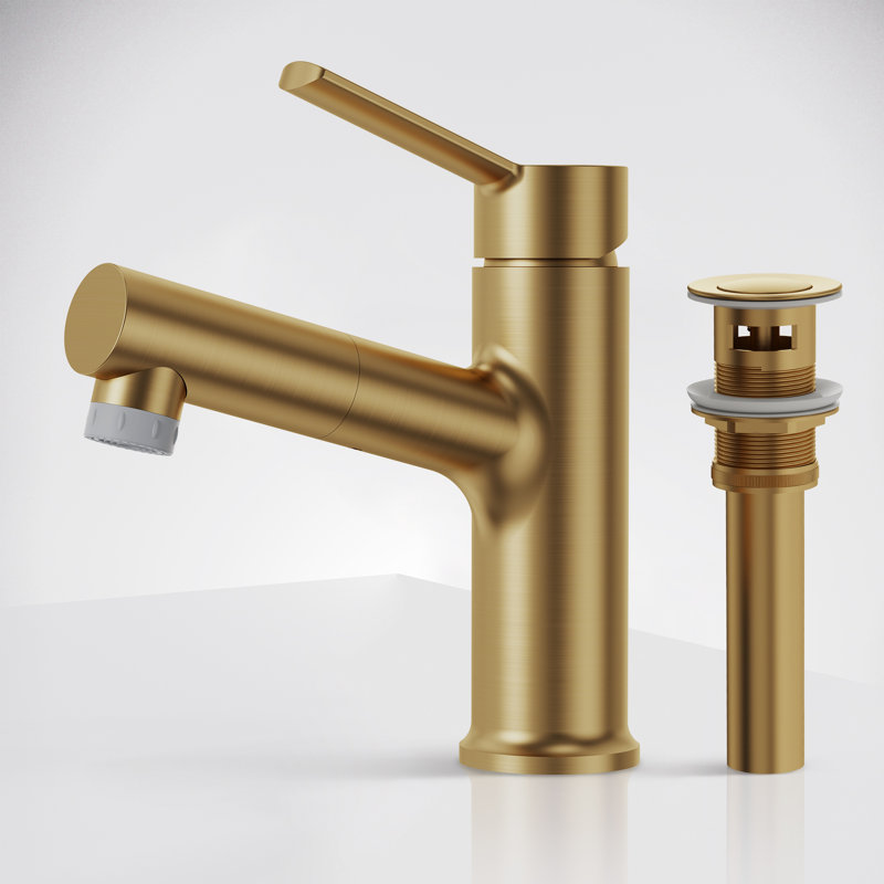 Pull-Out Bathroom Faucet, Single Handle Bathroom Sink Faucet with Drain Assembly, Brushed Gold