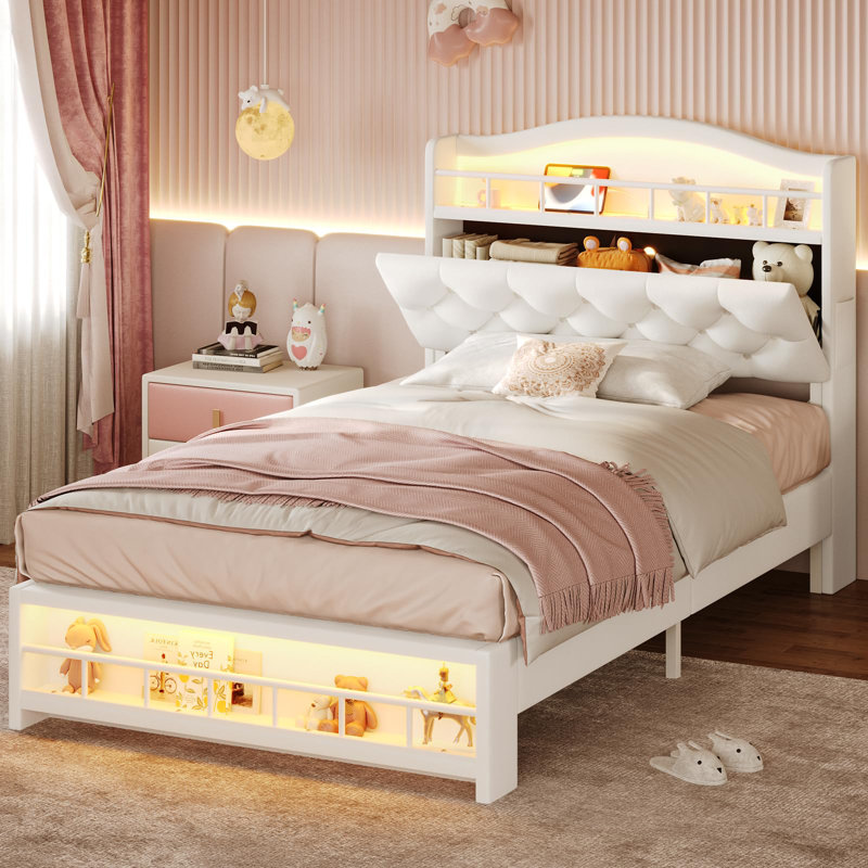 Cadre de lit princesse avec lumières à DEL et station de charge, lit plateforme tapissier en velours avec tête de lit et garde-corps et bouton en cristal