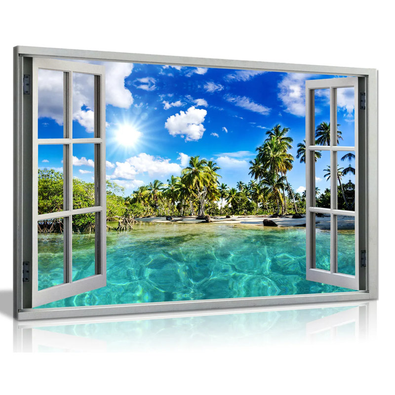 Caribbean Beach Holiday 3D Window Effect - Wrapped Canvas Print, 20cm H x 31cm W