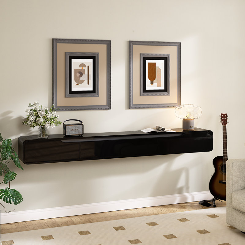 Meuble télé 86 po flottant ultrabrillant, centre de divertissement mural avec 3 portes, H 8,8 po x L 86 po x l 9,4 po