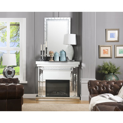 Foyer électrique à DEL avec miroir et faux cristaux avec cadre biseauté et incrustation de cristal en verre transparent, écran tactile / télécommande, température réglable, minuterie, fonction seulement, l 26 po x H 18 po