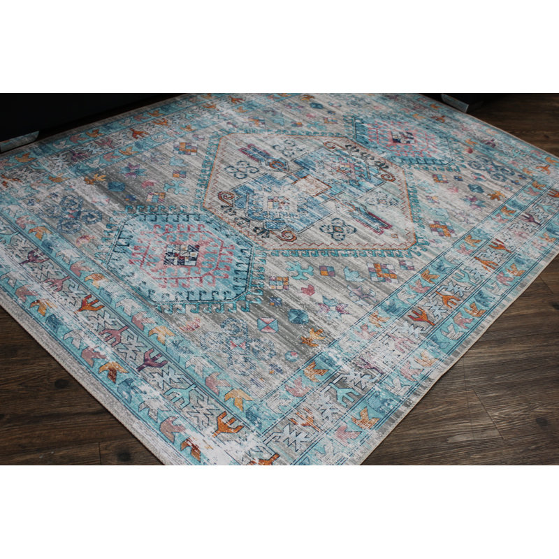 Tapis rectangulaire bleu / blanc à motif oriental, Rectangle 5 pi x 7 pi