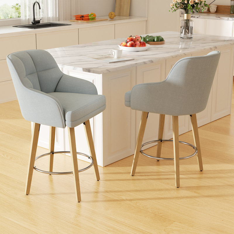 Modern Swivel Bar Stool With Backrest, Armrests And Wood Legs - Counter Height Chair For Kitchen Island, Gray, 4