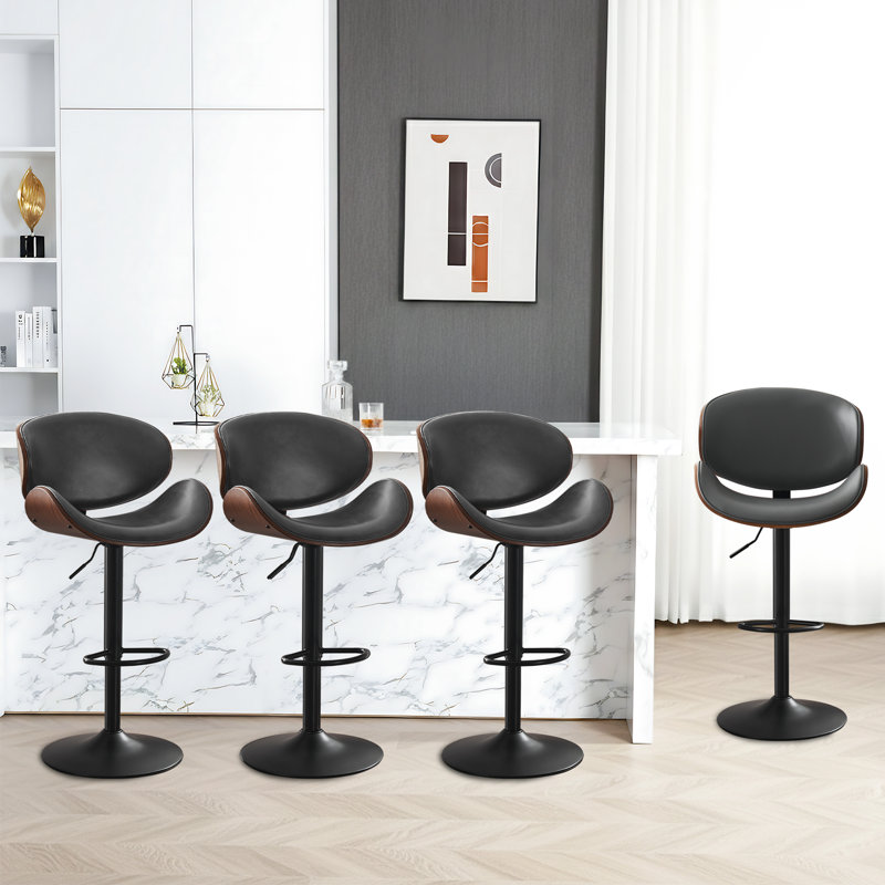 Bentwood Swivel Adjustable Height Bar Stools, Faux Leather Upholstered Barstools with Metal Frame (Set of 4, Gray), Gray, 4