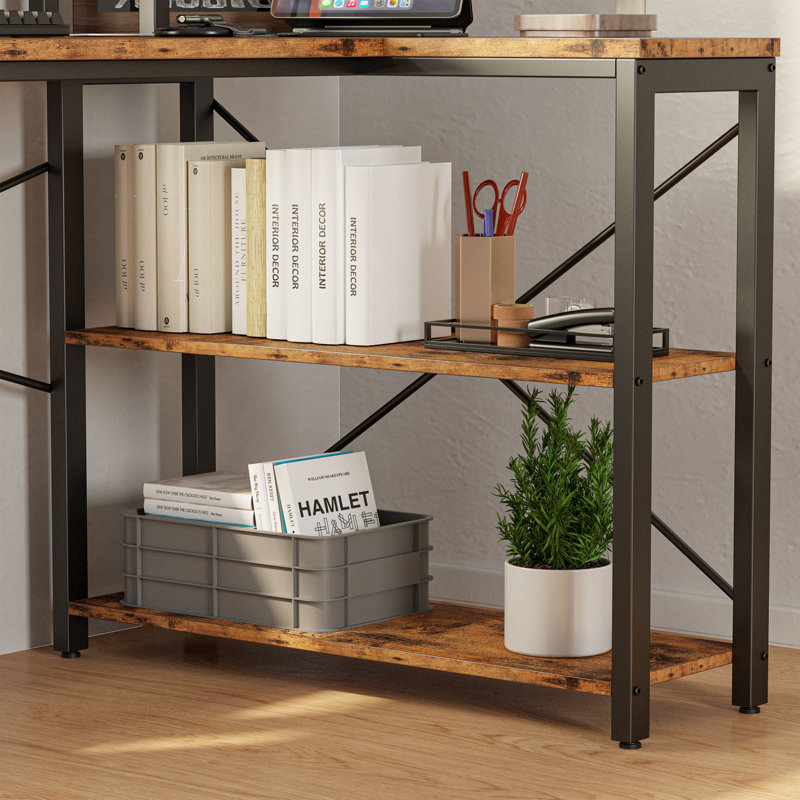 Laconya 47 inch L Shaped Desk with Charging Station and Storage Shelves for Home Office, Vintage Brown