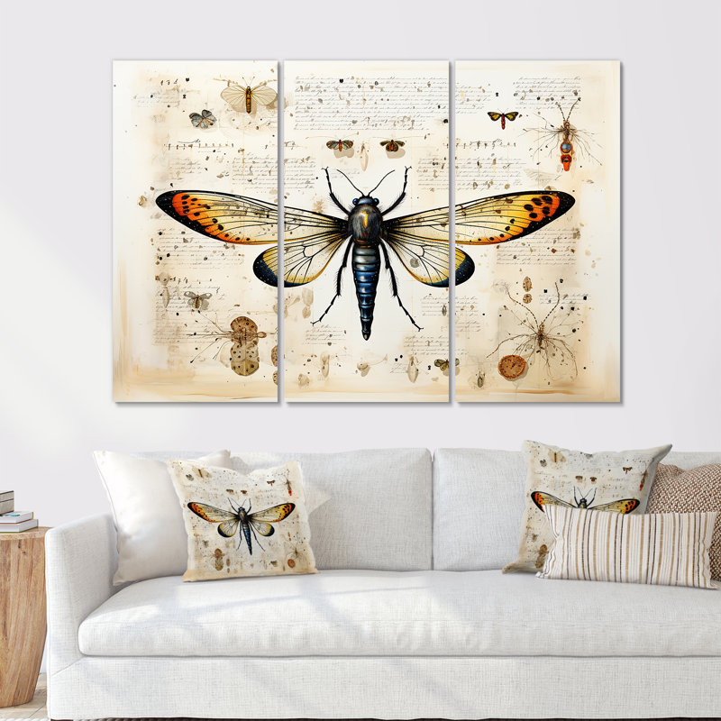 «Beige and Yellow Moth Blueprint - Insectes & Bugs», art mural, H 40 po x l 60 po, Toile tendue