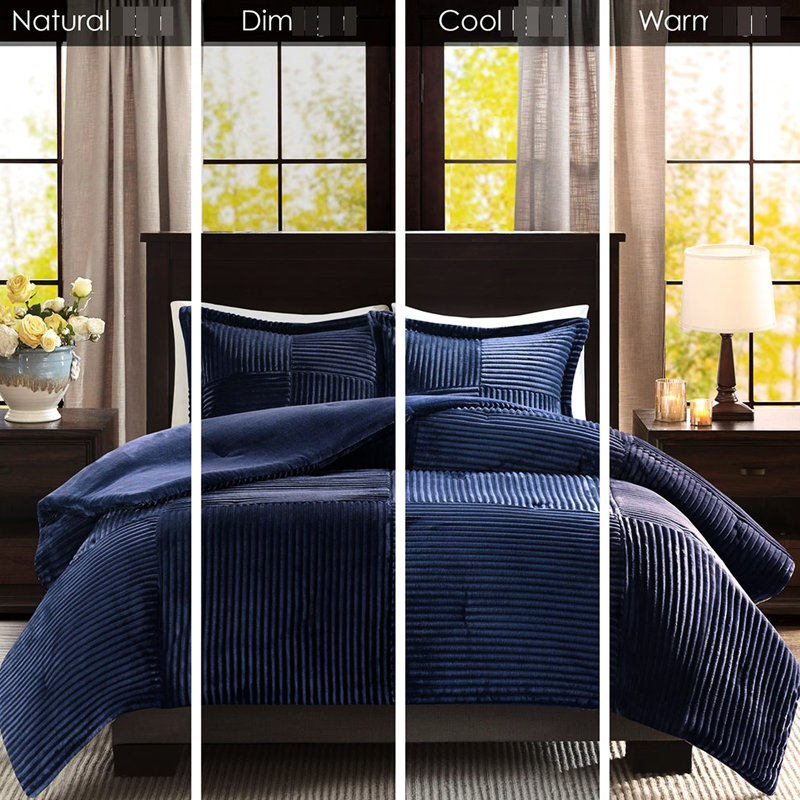 Full/Queen Bed Comforter In Navy - Filling, Soft Ribbed , Solid Reverse, Machine Washable, Comes With & 2 Shams Front, Back, Includes