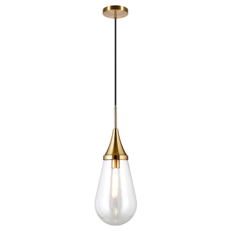 Luminaire suspendu en forme de goutte à 1 lumière Hoye, Laiton, Transparent, H 13,88 po x l 8,63 po x P 8,63 po