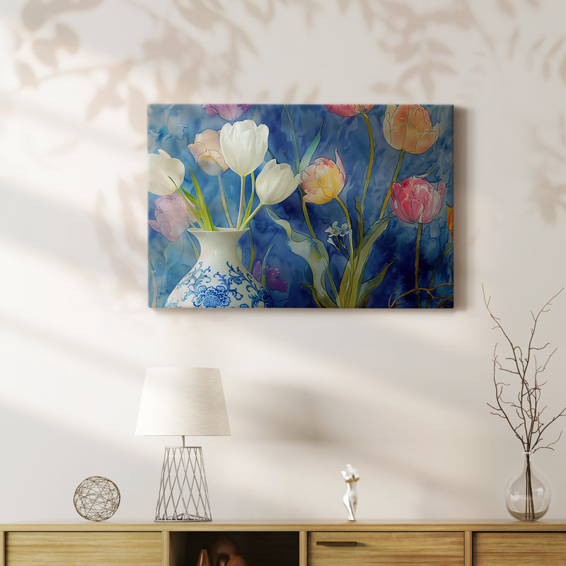 FLORAL CLVI - Toile tendue avec châssis Premium - Prêt à être accroché, H 18 po x l 27 po
