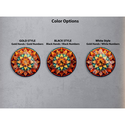 Ornate Red, Orange, and Teal Floral Mandala Tempered Glass Non-Ticking Wall Clock