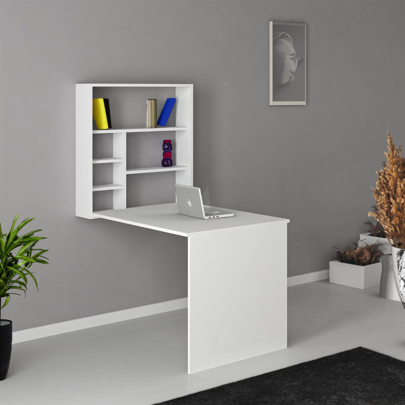 Modern Study Desk with Numerous Shelves, White, 23.2 x 31.1 x 35.4 inches | 100% Melamine Coated Particle Board, Thickness: 0.7 inches | Wall-Fixable Design, Perfect for Home Office & Study Spaces, Stylish and Functional