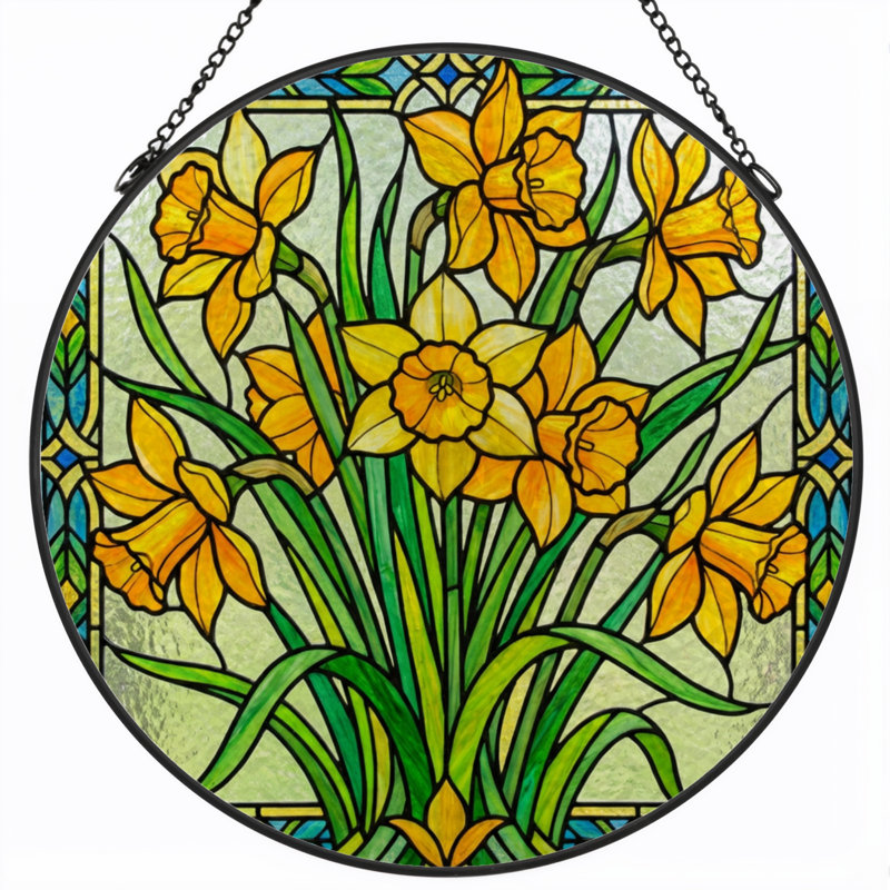 7.8"H Daffodil Pattern Stained Glass Window Panel