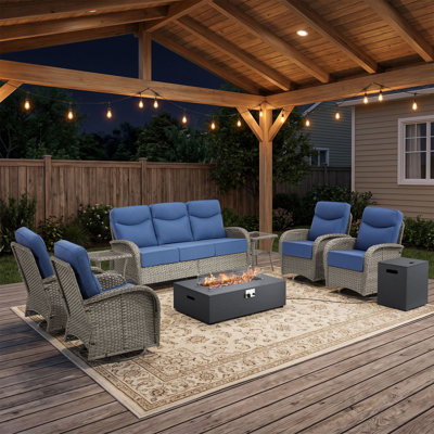 Ensemble de conversation pour foyer extérieur en osier 8 pièces avec canapé et chaises pivotantes 8 pièces