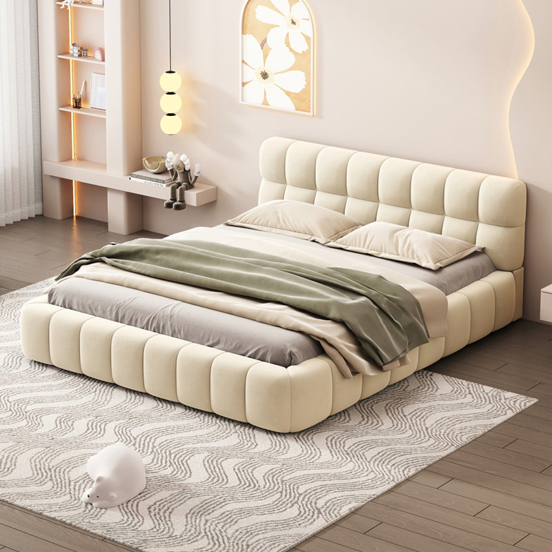 Lit plateforme tapissier en lin, Beige, Queen