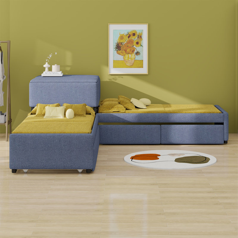 L-Shaped Upholstered Platform Bed With Trundle And Two Drawers Linked With Desk