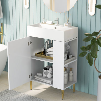 Armoire de meuble-lavabo de 21,6 po, lavabo en céramique, armoire de droite, structure, porte à fermeture en douceur, rangement contemporain avec lavabo et compartiment