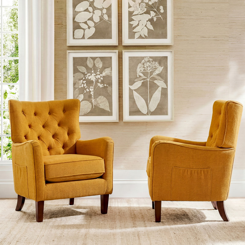 Button-Tufted Horn-Back Armchair, Accent Chair with Padded Cushion, Side Pocket and Solid Wood Legs (Set of 2), Yellow