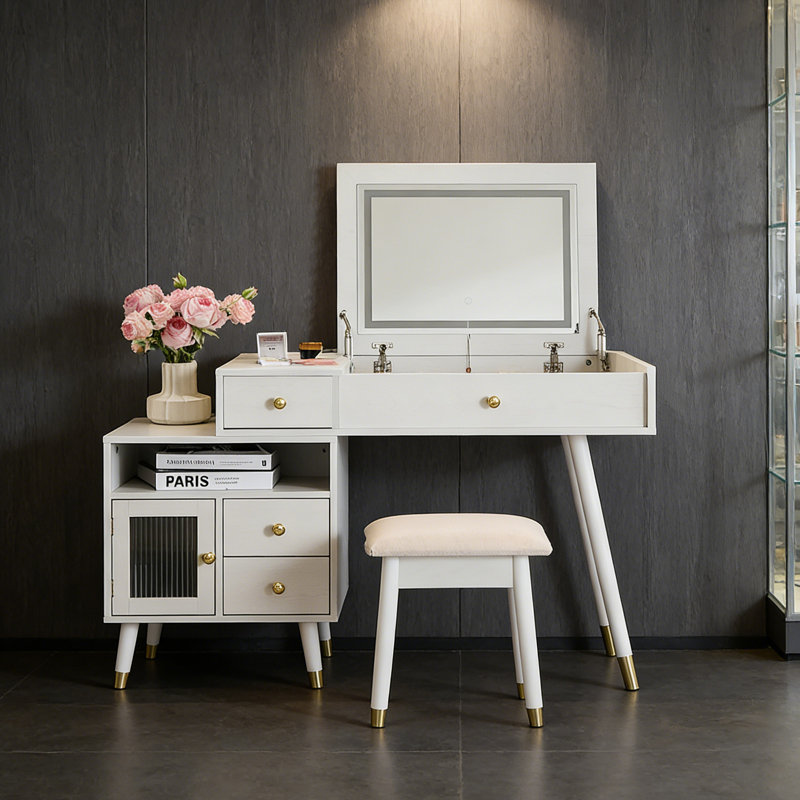 Meuble-lavabo de maquillage avec miroir à DEL rabattable, armoire latérale réglable et tabouret