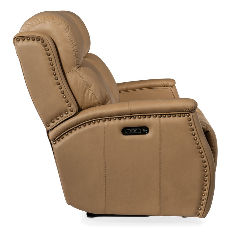 MS 56" Genuine Leather Power Reclining Loveseat, Cuir véritable brun miel