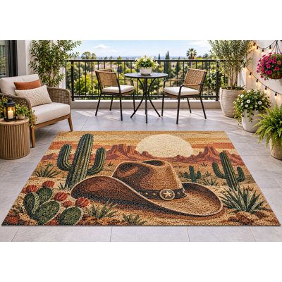 Tapis d'extérieur 152 x 213 cm (5' x 7') à motif chapeau de cowboy et cactus du désert, en PVC épais, imperméable et bouclé, idéal pour terrasse, balcon, entrée, VR ou autre espace extérieur. Séchage rapide.