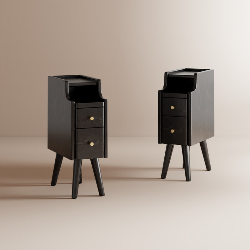 Ensemble de 2 tables de chevet étroites en bois massif avec 2 tiroirs Annie, Noir