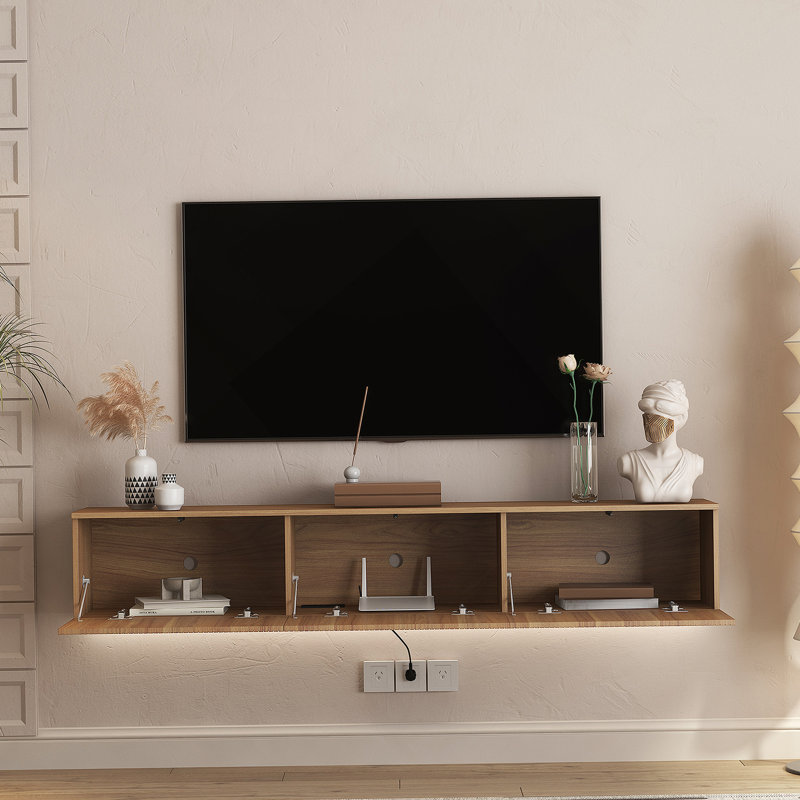 Meuble télé flottant mural avec lumières DEL et beaucoup de rangement, idéal pour le divertissement à domicile et les objets décoratifs