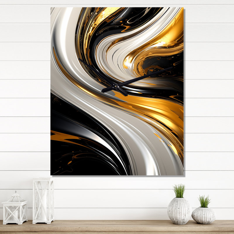 Horloge murale à spirale abstraite liquide et or noir et blanc, H 32 po x l 24 po x P 1 po