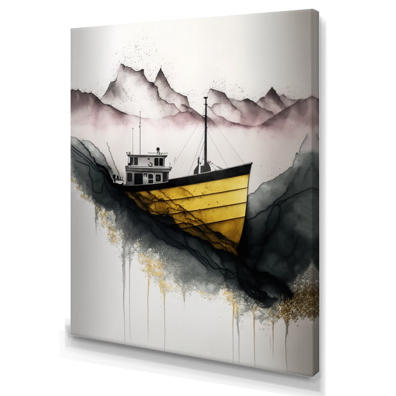 Bateau de pêche noir et jaune, H 20 po x l 12 po x P 1 po, Toile tendue