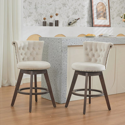 Ensemble de 2 tabourets de bar à hauteur de comptoir pivotant à 360 ° avec velours capitonné à la main sur des pieds en bois
