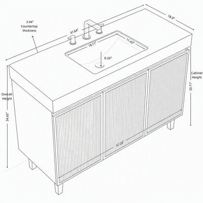 Meuble-lavabo autoportant de 122 cm (48 pouces) avec dessus en pierre frittée veinée gris Carrara, lavabo en céramique et trois trous prépercés pour robinetterie.