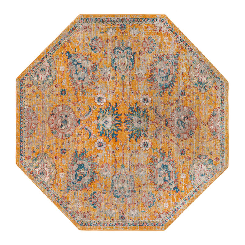 Tapis jaune à motif floral Akira, Octogone 5 pi x 5 pi